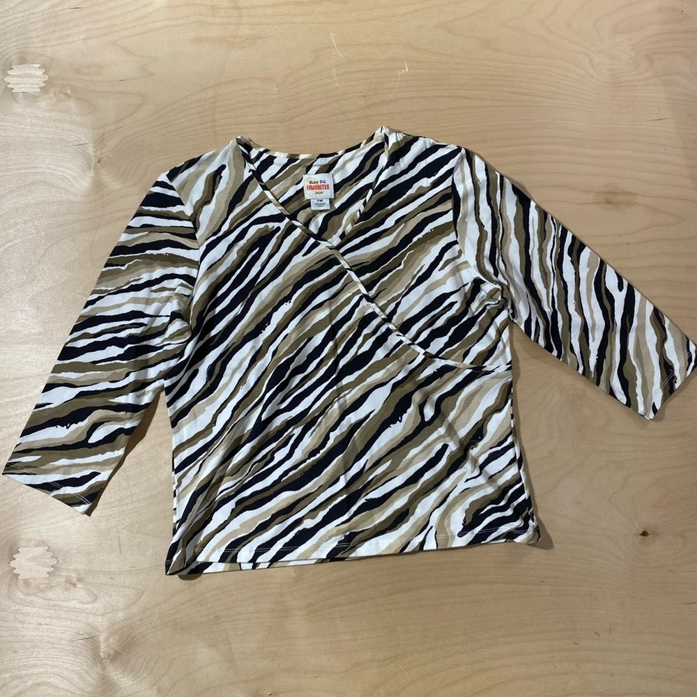 Ruby Rd Striped Wrap-Style Top in Black, White & Olive PM (QU)